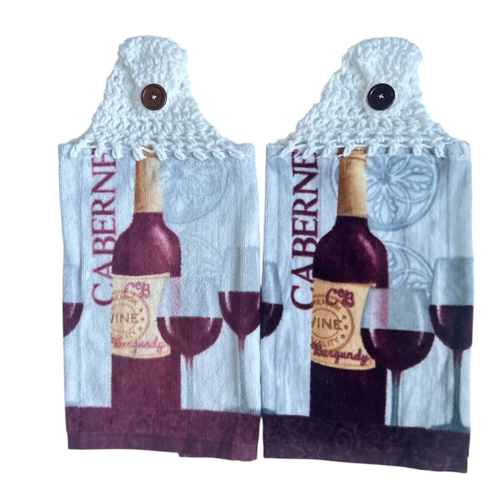 Hand Crafted Cabernet Wine Hanging  Hand Towels with Burgundy and Gray Design